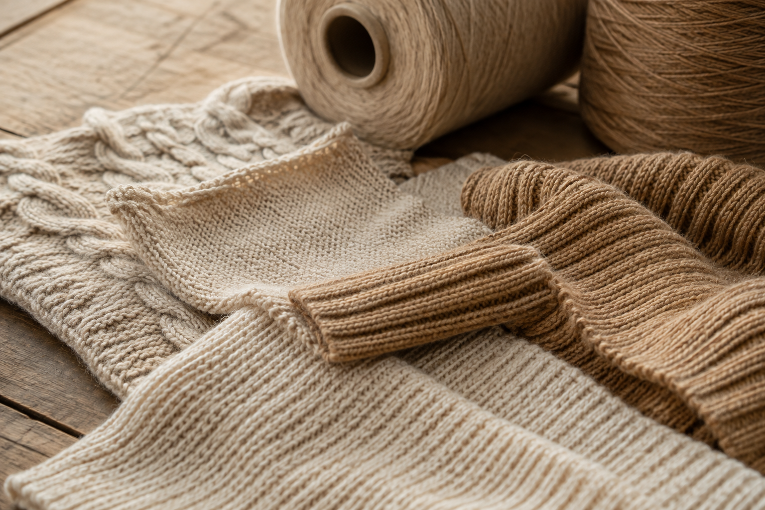 Neutral knit swatches and yarn cones in soft winter light